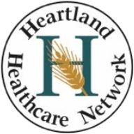 Round emblem for "heartland healthcare network" in the footer featuring a stylized letter h with a wheat sheaf graphic.